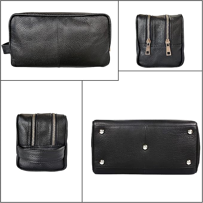 RUSTIC TOWN Full Grain Leather Travel Toiletry Bag - Cosmetic Makeup Kit Organizer (Medium, Black)