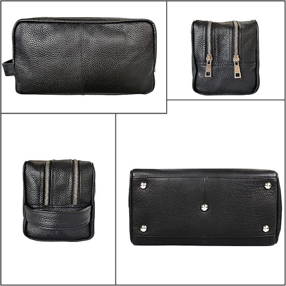 RUSTIC TOWN Full Grain Leather Travel Toiletry Bag - Cosmetic Makeup Kit Organizer (Medium, Black)