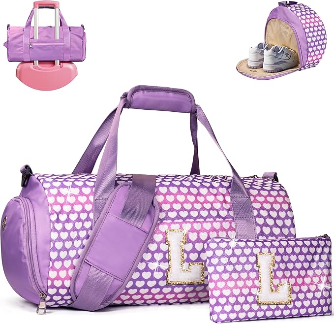Gifts for Teenage Girl, Girls Travel Duffel Bag, Kids Initial Overnight Bags with Shoe Compartment, Personalized Gym Ballet Dance Bag with Makeup Pouch, Trendy Stuff (Letter L)