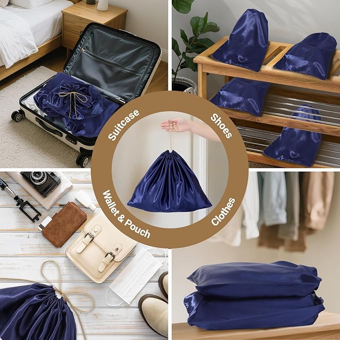 Ewen 7 Pack Small Medium Large Dustproof Satin Drawstring Bags with Blank Tags, Travel Packing Bags with Tag for Purse Organizer Home Organization Storage, Dark Blue Dustbags for Handbags Shoes Closet