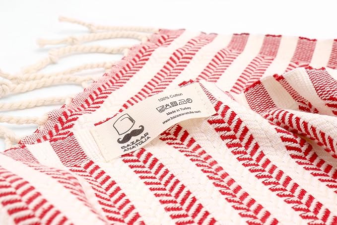 Bazaar Anatolia Turkish Beach Towel – 100% Cotton, Quick Dry, Sand Free Towel for Bathroom, Travel, Camping – Oversized 71x39 Inches – Arpa Red