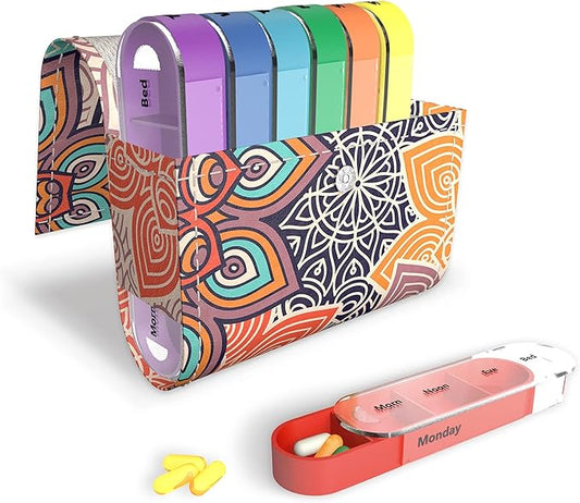 Pill Organizer,LIZIMANDU Weekly Travel Pill Case Box Medication Reminder Daily AM PM, Day Night 7 Compartments,for 4 Times A Day, 7 Days a Week-Includes Leather PU Carrying Case(Colorful Flower)