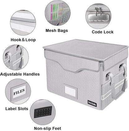 DocSafe Fireproof Document Box with Lock,File Storage Organizer with Zipper Pockets,Collapsible Portable File Box Home Office Safe Filing Cabinet with Handle for Hanging Letter/Legal Folder,Silver