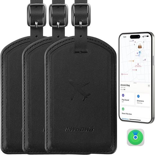 Luggage Tags Built-in Anti-Loss Tracker, Luxury Leather Luggage Tags for Suitcase, Travel Bags, Backpacks, Travel Organizer for Lost Baggage Prevention (Black*3 Pack)
