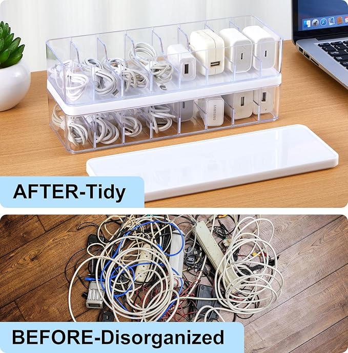 Tatuo 6 Pcs Cable Organizer Box with Wire Ties, Plastic Cord Storage Box with Lid, Electronics Organizer for Home Office Desk Organizers and Accessories (Clear,White)