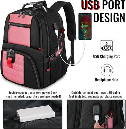 YOREPEK Travel Backpack, 50L Laptop Backpacks for Men Women, Water Resistant Airline Approved Bag with USB Charging Port Fits 17 Inch Computer, Pink