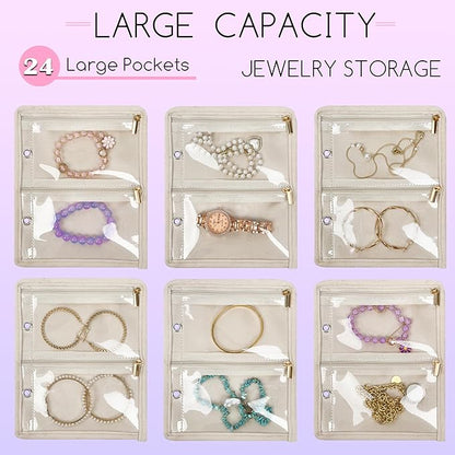 Travel Jewelry Organizer Case,Jewelry Bags for Traveling, Jewelry Binder with 24 Pcs Clear Zipper Velvet Pouches for Storing Earrings, Rings, Necklace, Bracelet, Watch (Beige)