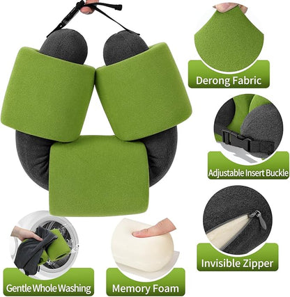 3-Ring Memory Foam Travel Neck Pillow It has obtained a Patent. The Three Rings can be movably Adjusted to Provide Flexible Support for The Neck, Head, and Other Areas.Green