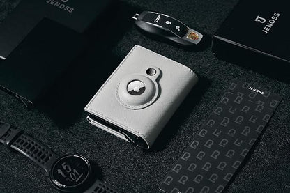 Jenoss Smart AirTag Wallet for Men & Women: Full Grain Leather, Handcrafted, Pop Up Case, Slim, RFID Blocking, Credit Card Holder, Apple Air Tag Tracker Minimalist 9-12 Slot | ID & Cash (Black& Grey)