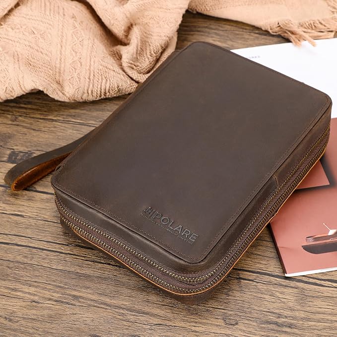 Polare Full Grain Leather Travel Cable Organizer Case Double Layer Electronics Accessories Carry Bag with YKK Zippers Tech Storage Bag for Cables, Power Bank, USB, SD Card