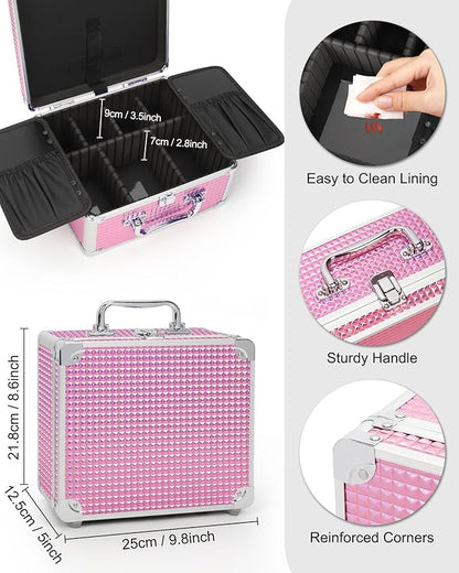 Relavel Makeup Bag with LED Mirror, Makeup Box Travel Train Case with Rechargeable Lighted Mirror, Cosmetic Brush Organizer Storage for Makeup Artists Gifts for Women and Girls, Pink