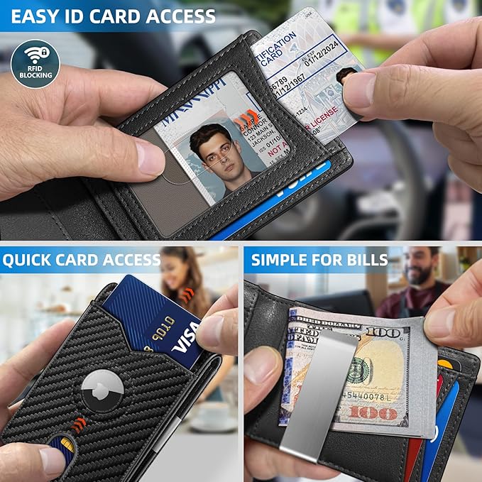Airtag Wallet for Men,with Money Clip 11 Cards Slim Front Pocket Leather RFID Blocking Wallet with Gift Box