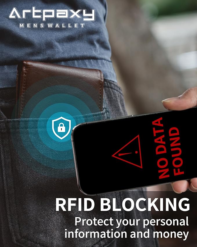 Mens Wallet Genuine Leather Bifold RFID Blocking Wallet for Men with 1 ID Window 13 Card Holders 2 cash pockets 1 Gift Box