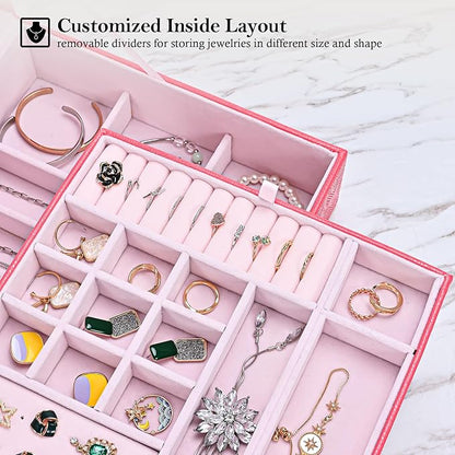 ProCase Jewelry Box for Women, 2 Layers Large Leather Jewelry Organizer Storage Case with Removable Pad for Earrings -Watermelonred