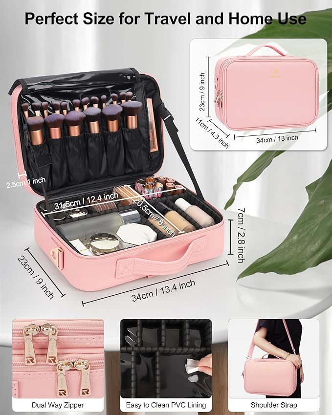 Relavel Travel Makeup Train Case Makeup Cosmetic Case Organizer Portable Artist Storage Bag with Adjustable Dividers for Cosmetics Makeup Brushes Toiletry Jewelry Digital Accessories