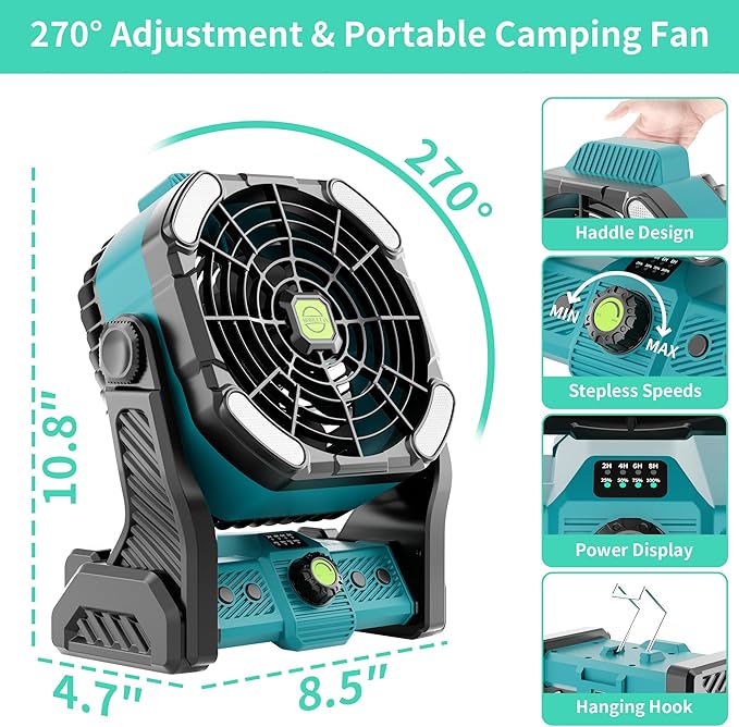 20000mAh Battery Powered Fan Rechargeable,Rechargeable Portable Camping Fan with Light,270°Rotation Battery Operated,USB Camping Essentials Tent Battery Fans Portable X26 Cyan