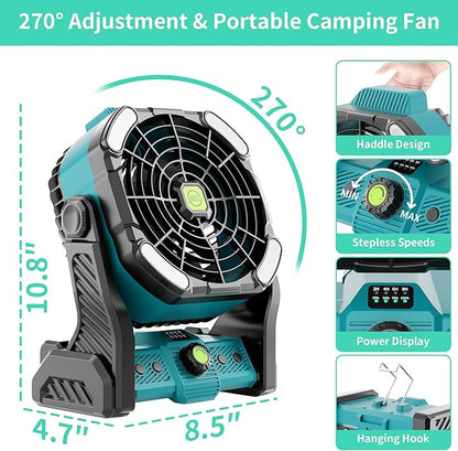 20000mAh Battery Powered Fan Rechargeable,Rechargeable Portable Camping Fan with Light,270°Rotation Battery Operated,USB Camping Essentials Tent Battery Fans Portable X26 Cyan