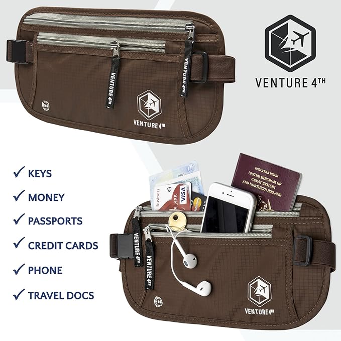 VENTURE 4TH Slim Minimalist Design RFID Money Belt with RFID Blocking Sleeves, for Men and Women – Ideal for Keeping Your Cash, Credit Card, Passport, Phone Secure When Traveling - Brown