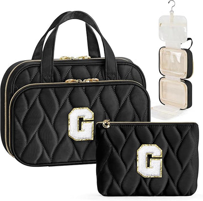 YOOLIFE Initial Toiletry Bag Travel Makeup Bag for Women - Hanging Toiletry Bag, Personalized Birthday Gifts for Women, Vacation Airplane Essentials Black - G