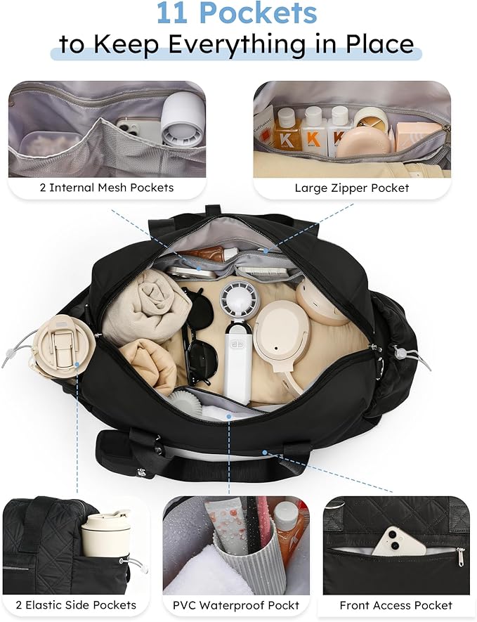 Kookoomia Puffer Gym Bag for Women, Quilted Weekender Bag for Travel, Lightweight Carry on Duffle for Sports Workout Dance Ballet Yoga Gymnastics Hospital with Wet Pocket, Black