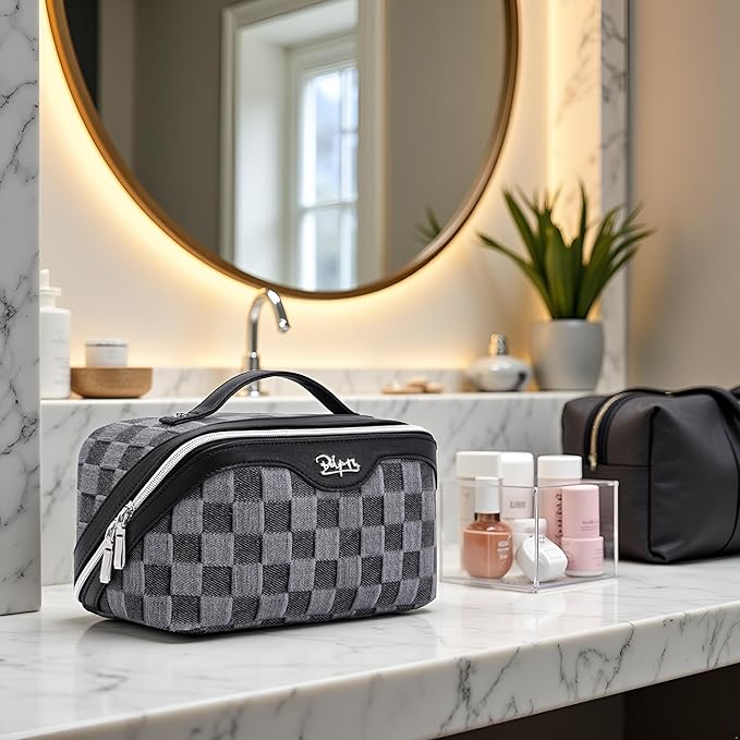 BOYATU Travel Makeup Bag for Women: Large Cosmetic Bag Set of 3 - PU Leather Make up Bag with Compartments - Compact Waterproof Toiletry Bag with Divider & Handle (D-2-Black)