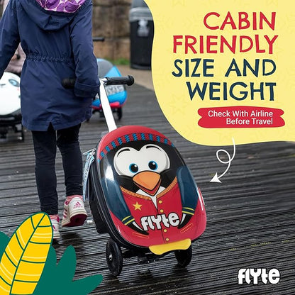 Flyte Perry The Penguin Scooter Suitcase - Rideable, Carry on Compliant 2-in-1 Children's Suitcases, 18 inch Ride on Suitcase for Kids, 25 Litre Capacity Kids' Luggage on Wheels for Children Aged 4+