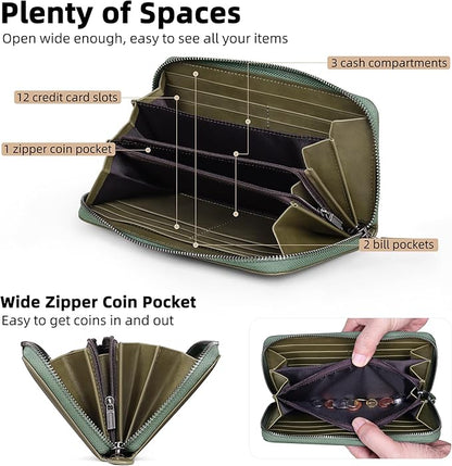 VISOUL Leather Long Zipper Pouch Wallet for Men and Women with RFID Blocking, Large Clutch Cash Long Wallet with Zipper (Olive Green)