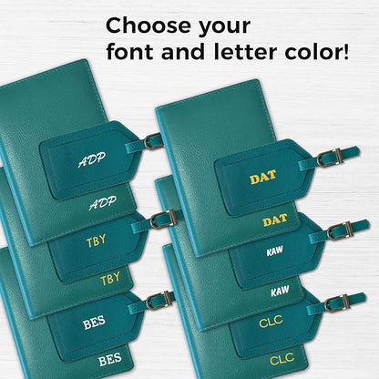 Personalized Monogrammed Teal Leather RFID Passport Wallet and Luggage Tag