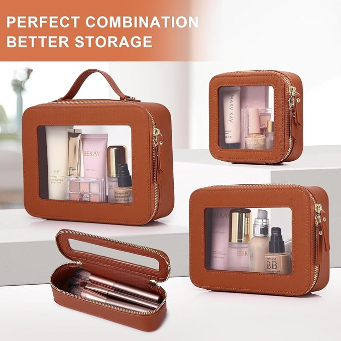 Pinkmik Clear Makeup Bag with Brush Bag 2pcs Waterproof Travel Case for Cosmetics and Toiletries Women's Cosmetic Organizer with Zipper (X/Brown, L+SLIM)