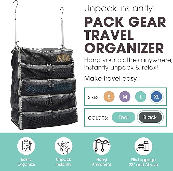 Pack Gear Hanging Suitcase Organizer - Our XL Hanging Luggage Organizer Perfectly Fits Any Suitcase - Our Packing Cubes For Travel Use Mesh Windows to Make Finding Any Outfit Easy (Black, XL)