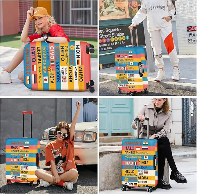 ANNA QUEEN Funny Multilingual Greetings Luggage Cover, Suitcase Protector with Hello in 15+ Languages, Stretchable, Washable Travel Cover for 28-30 Inch Luggage