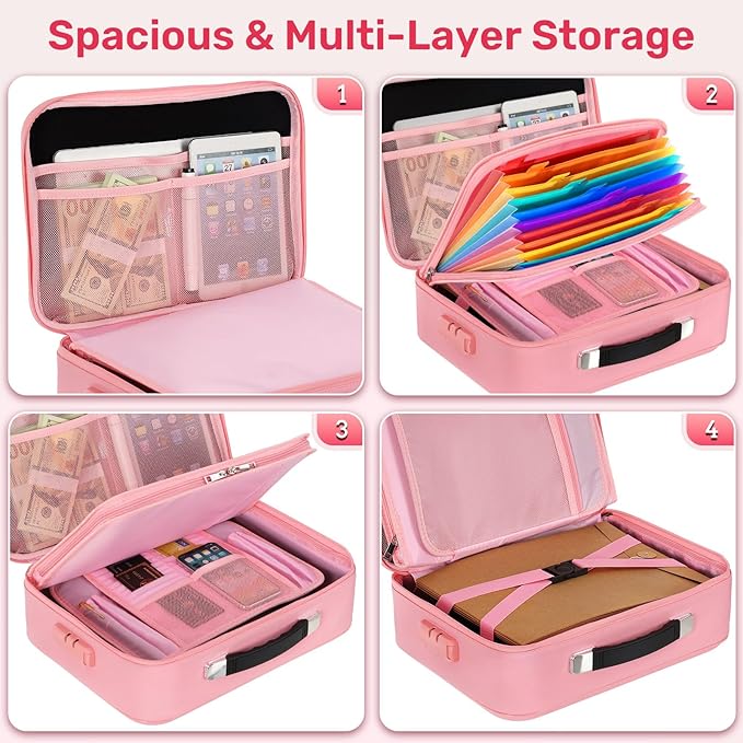 BlackSmith Fireproof Document Box, 4200°F Heat Resistant & Waterproof Hard Case 13 Layers File Organizer with Lock, Portable Safe for Important Documents, Certificates, Travel Use-Pink