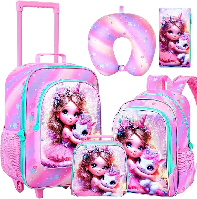 AGSDON 5 Piece Kids Luggage Set for Girls, Cute Rolling Wheels Suitcase for Toddler, Children Travel Carry on Suitcase - unicorn
