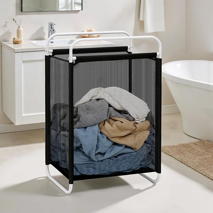 STO STO Laundry Hamper, 75L Laundry Basket with Vinyl Mesh Bag, Lightweight Portable Dirty Clothes Hamper, Laundry Bin with Metal Frame for Laundry Room, Bedroom, Closet and Dorm, Black Mesh