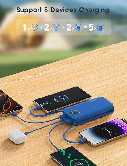 Portable Charger, 20000mAh 22.5W Fast Charging Power Bank with Built-in Cables & Wall Plug, Travel Essentials Battery Pack with LED Display, USB C External Battery Bank for iPhone iPad, Samsung Navy