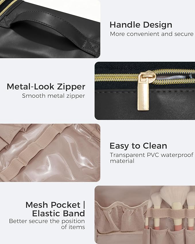 Hanging Toiletry Bag, PU Leather Makeup Bag Large Capacity with Jewelry Organizer for Brushes Set, Cosmetic Accessories, Black