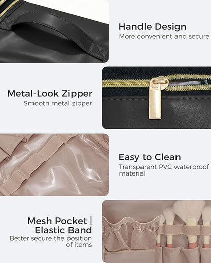 Hanging Toiletry Bag, PU Leather Makeup Bag Large Capacity with Jewelry Organizer for Brushes Set, Cosmetic Accessories, Black