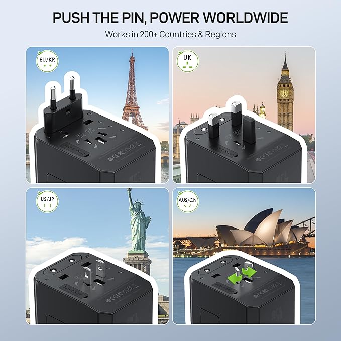 EPICKA GaN 45W Universal Travel Adapter, European Travel Plug Adapter with PD&QC Fast Charging(2 USB-A & 3 USB-C Ports) - Worldwide Travel Essentials, International Power Adapter for UK/US/AU (Black)