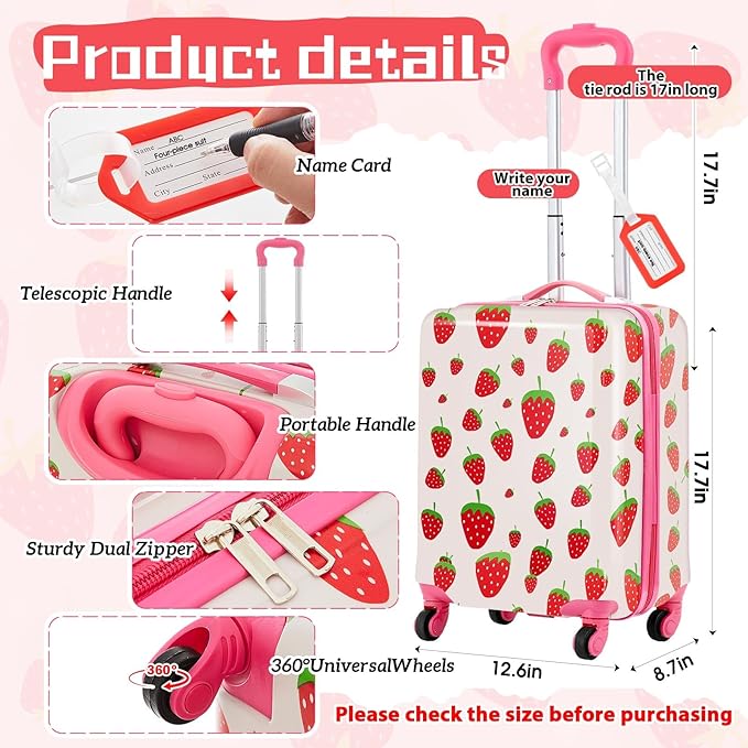 Redbaker 6 Pcs Kids Luggage Set 17 Inch Kids Rolling Luggage Double Pattern Suitcase for Girls Boys School Gift (Blush Pink,17 Inch,Strawberry Style)