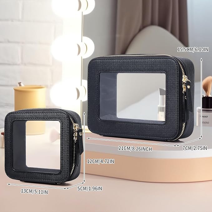 Pinkmik Clear Makeup Bag Waterproof Travel Case for Cosmetics and Toiletries Women's Purse Organizer and Clear Car Bag with Zipper (Black, M+MINI)