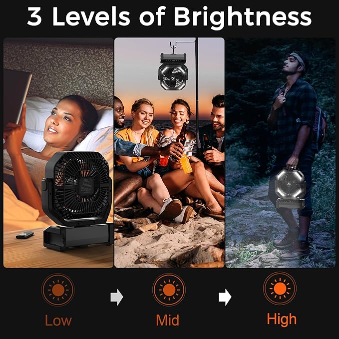 Camping Fan with Light - 20000mAh Rechargeable Battery Fan, 112Hrs Max Run Time, 8 Speeds, Digital Display, Timer, Auto Oscillation, 270° Pivot & Hook for Camping, Power Outage, Hurricane (Black)