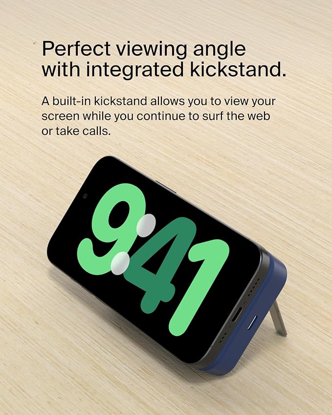 Belkin Portable Charger, Wireless Power Bank 15W 10000 mAh w/ Qi2, MagSafe Charger + Built-in Pop-up Kickstand - iPhone 17, Air, Pro, Pro Max, AirPods, Apple Watch, Google Pixel 10, etc. - Blue