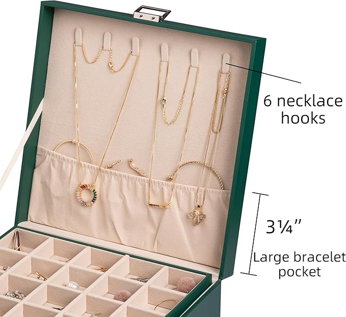 Frebeauty Earring Organizer Classic Jewelry Box 50 Slots Double Layer Jewelry Storage Case with 6 Necklace Hook and Bracelet Pocket(Blackish Green)