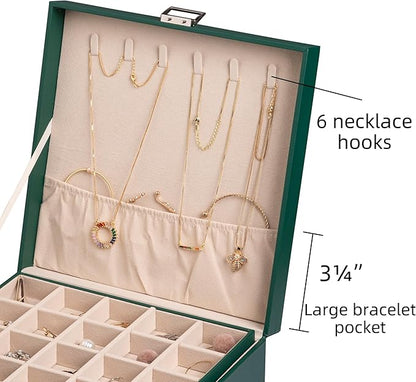 Frebeauty Earring Organizer Classic Jewelry Box 50 Slots Double Layer Jewelry Storage Case with 6 Necklace Hook and Bracelet Pocket(Blackish Green)