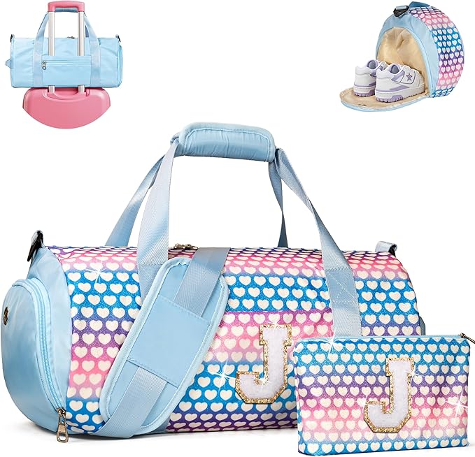 Gift for Teenager, Girls Travel Duffel Bag, Kids Initial Overnight Bags with Shoe Compartment, Initial Duffle Bag with Makeup Pouch, 10 Year Old Girl Birthday Gifts (Letter J)