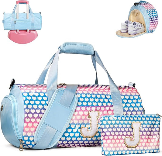 Gift for Teenager, Girls Travel Duffel Bag, Kids Initial Overnight Bags with Shoe Compartment, Initial Duffle Bag with Makeup Pouch, 10 Year Old Girl Birthday Gifts (Letter J)