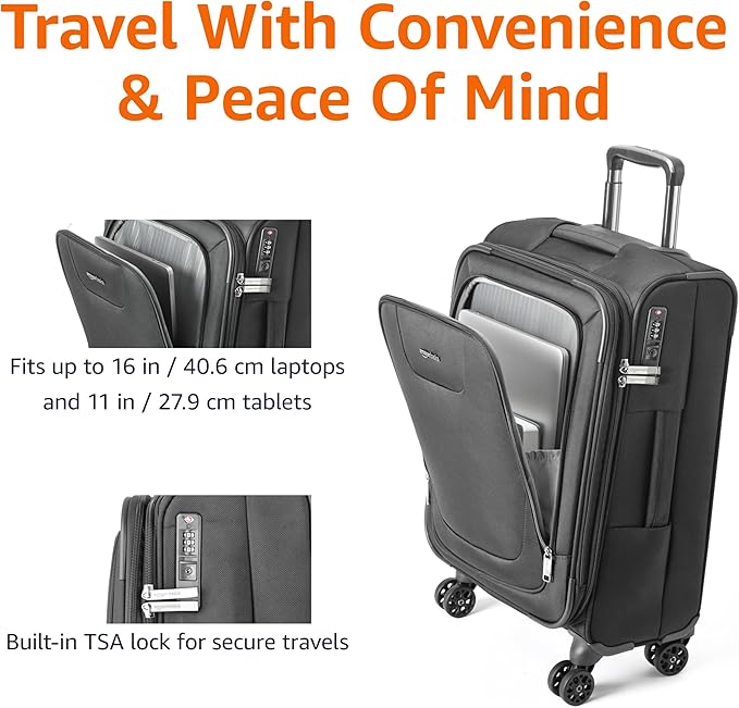 Amazon Basics 17" Carry On Luggage, Softside Suitcase With TSA Lock, 8 Spinner Wheels, Front Exterior Pocket, 3 Interior Pockets For Dry and Damp Clothes/Towels Separately, Black