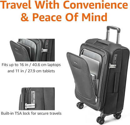 Amazon Basics 17" Carry On Luggage, Softside Suitcase With TSA Lock, 8 Spinner Wheels, Front Exterior Pocket, 3 Interior Pockets For Dry and Damp Clothes/Towels Separately, Black