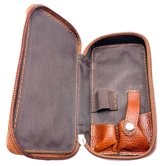 Parker Saddle‑Brown Leather Double Edge Safety Razor Case with Blade Compartment – Zip Travel Pouch