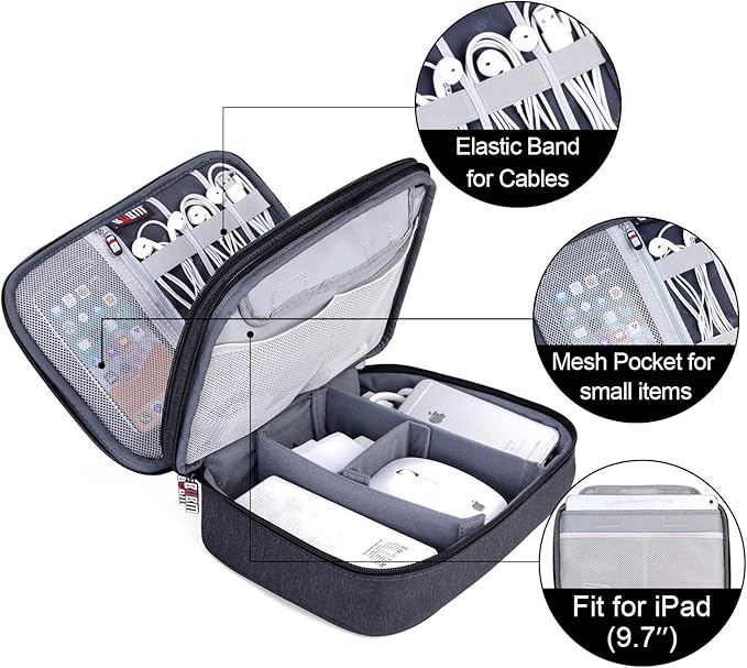 BUBM Electronic Organizer, Double Layer Travel Gear Bag for Cables, Plugs, Flash Hard Drive, Power Bank and More--a Sleeve Pouch for iPad (Large, Black)